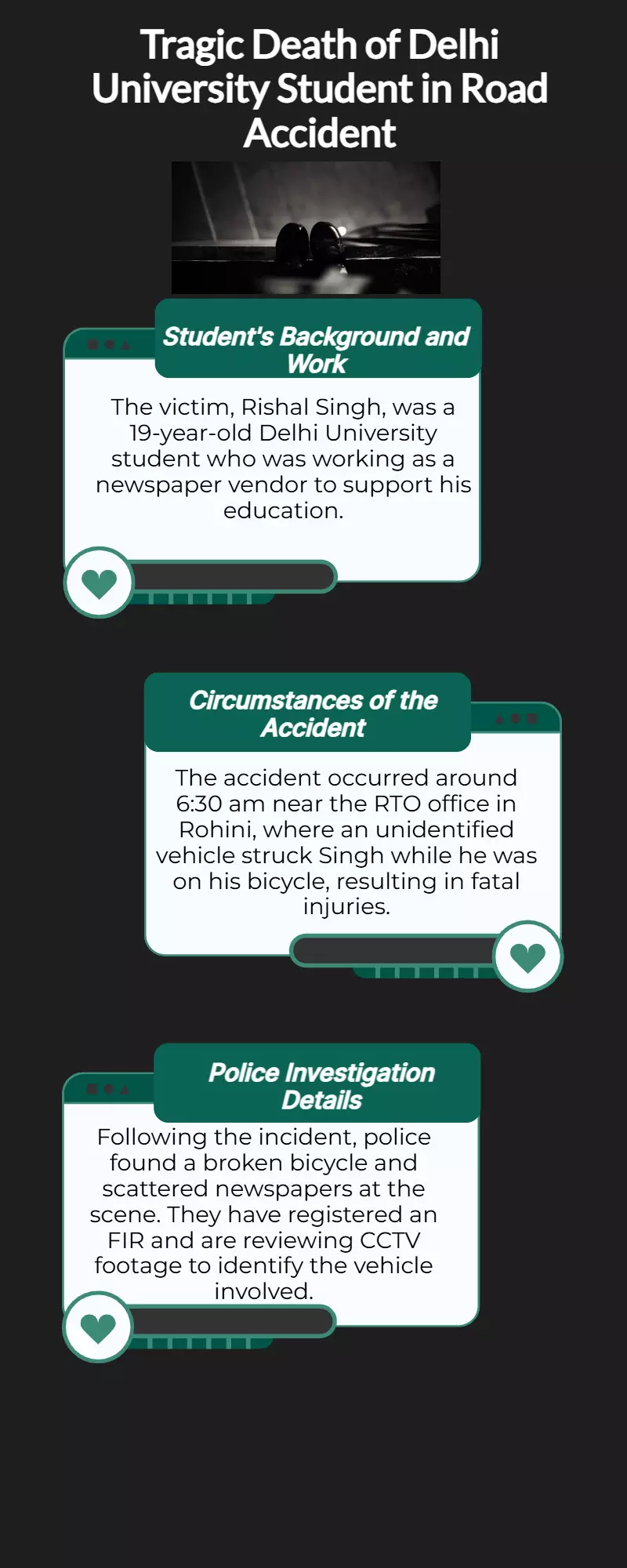 A Delhi University student who was selling newspapers was killed in a Rohini traffic collision.