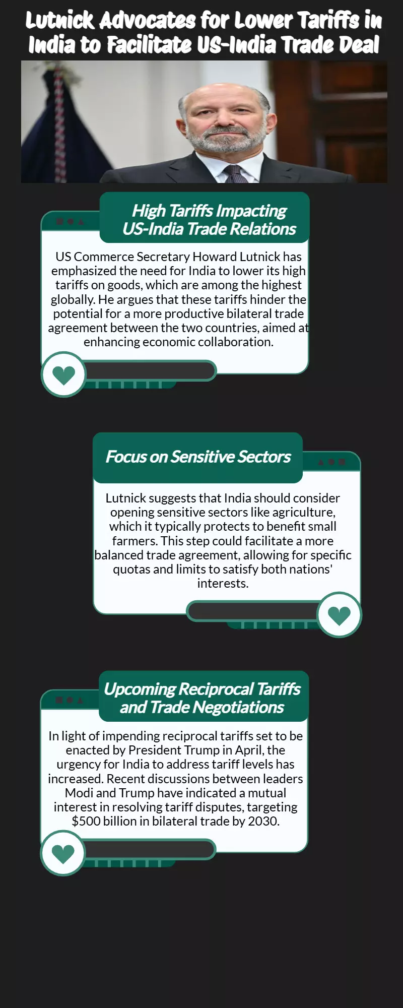 For a successful trade agreement, US Commerce Secretary Howard Lutnick calls on India to reduce tariffs