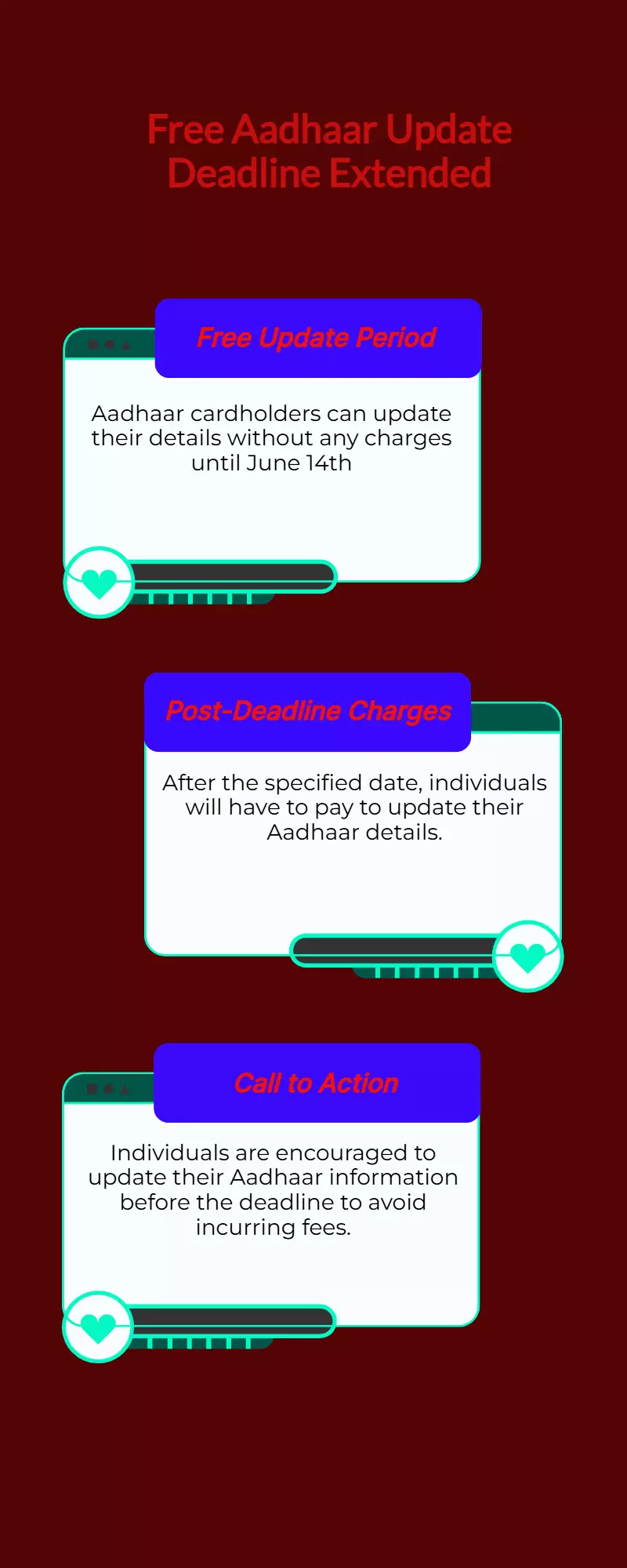 Update your Aadhaar for free till June 14 — charges apply afterward. Update your Aadhaar for free till June 14 — charges apply afterward.