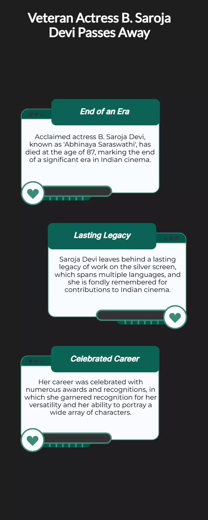 Veteran actress B Saroja Devi, Abhinaya Saraswathi, dies at 87 Veteran actress B Saroja Devi, Abhinaya Saraswathi, dies at 87