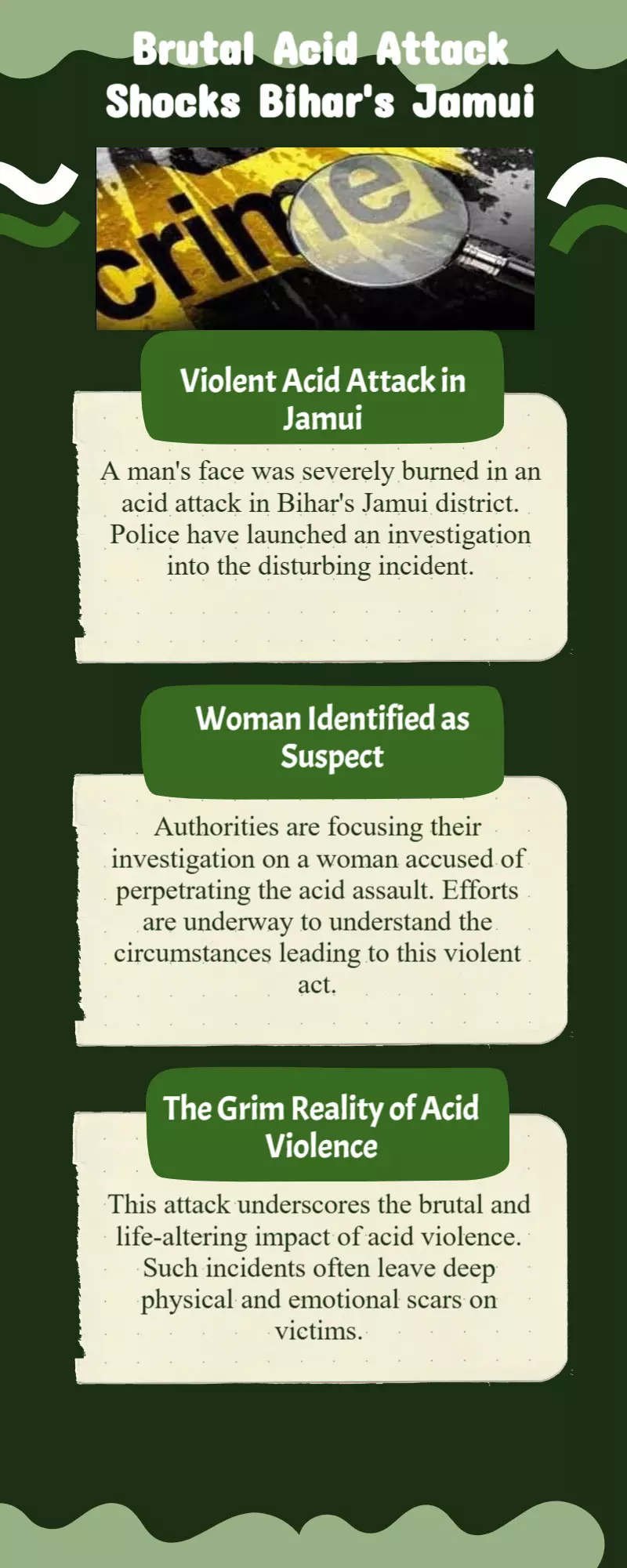 Police say a woman in Jamui, Bihar, threw acid in a mans face