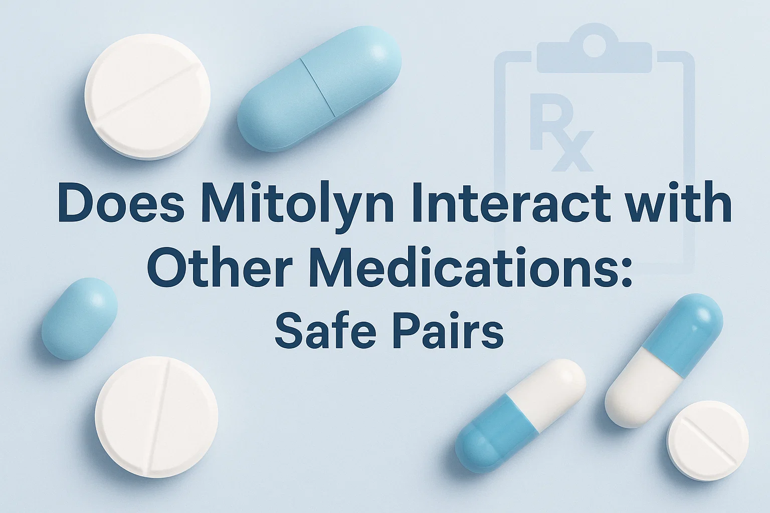 a professional and clean banner for a blog post titled ‘Does Mitolyn Interact with Other Medications: Safe Pairs’. The design should feature a calm, trustworthy medical theme with pills, capsules, and a subtle prescription or healthcare iconography in the background. Use a soft blue and white color palette to convey safety and reliability. Include subtle text overlay space for the blog title. Style should be modern, minimalistic, and appealing for a health and wellness audience, suitable for a website banner or featured image.”